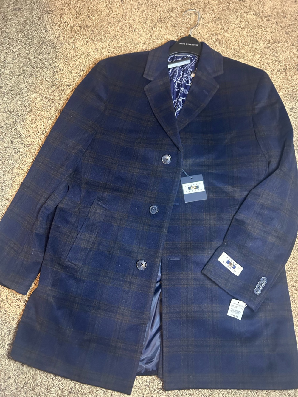 NWT Joseph Abboud Navy Plaid Double-Breasted Blazer with Brown Windowpane